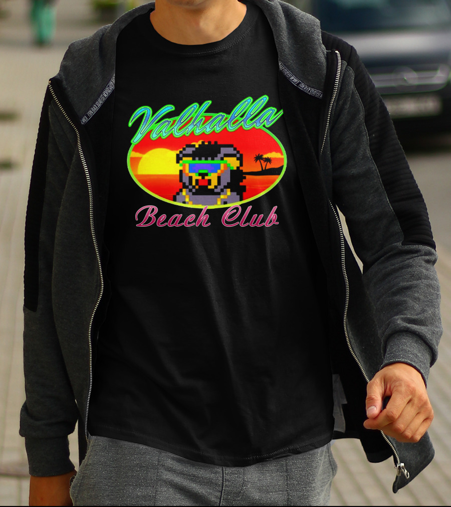 Valhalla Beach Club 80s Retro Pixel Sunset And Palm Trees T-Shirt