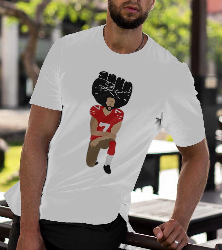 Colin Kaepernick Kneeling With Raised Fist And Red Football Jersey Number 7 T-Shirt