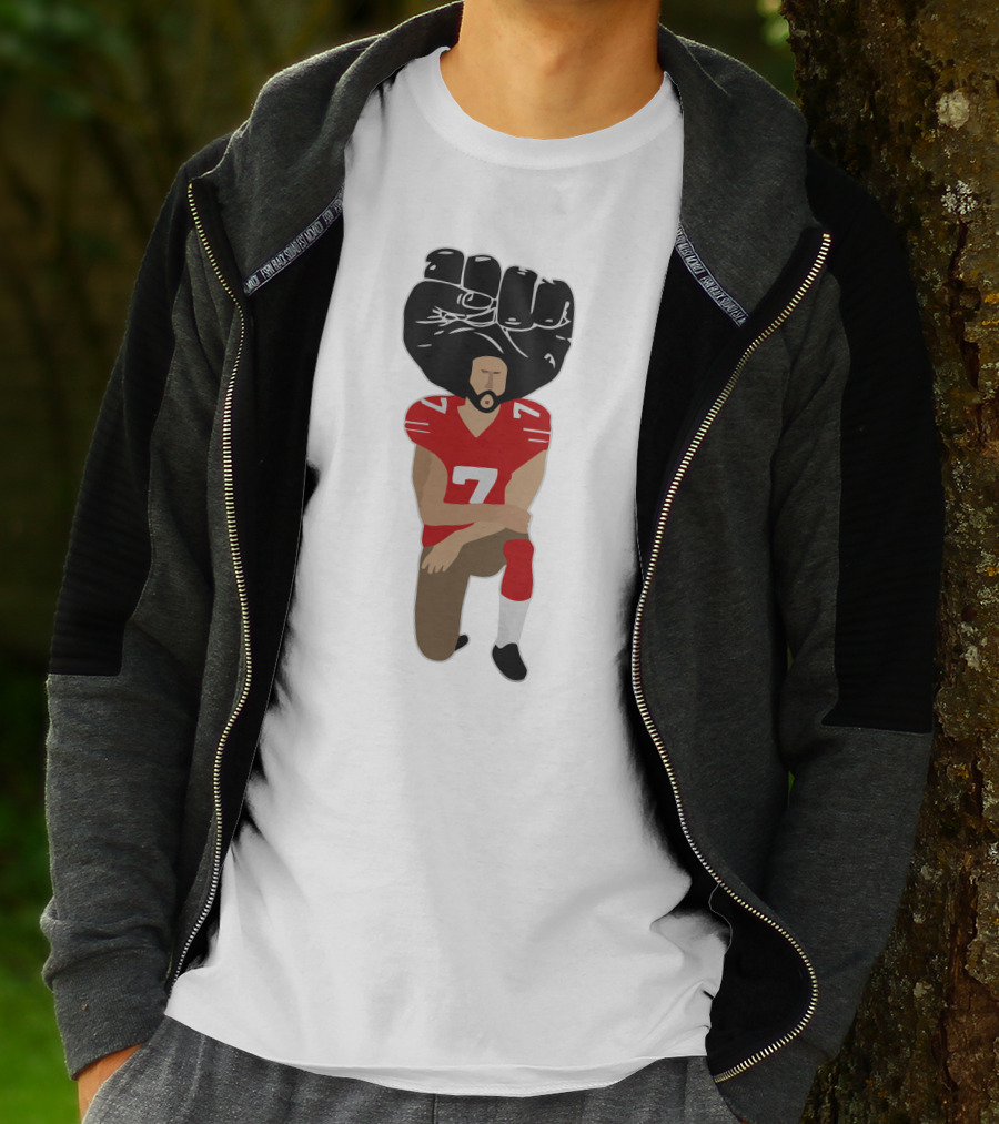 Colin Kaepernick Kneeling With Raised Fist And Red Football Jersey Number 7 T-Shirt