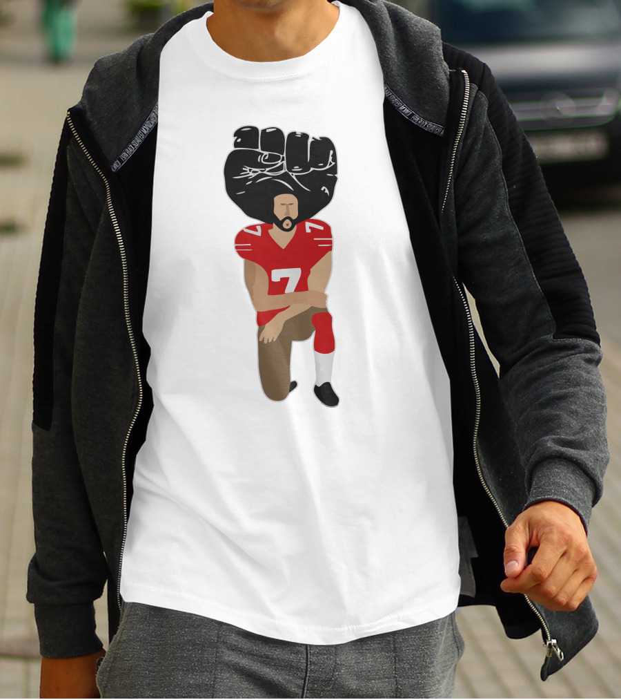 Colin Kaepernick Kneeling With Raised Fist And Red Football Jersey Number 7 T-Shirt