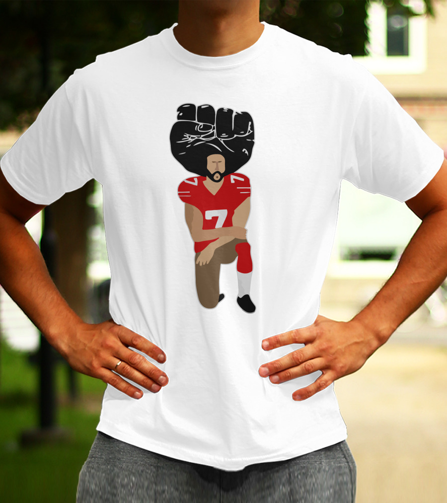 Colin Kaepernick Kneeling With Raised Fist And Red Football Jersey Number 7 T-Shirt