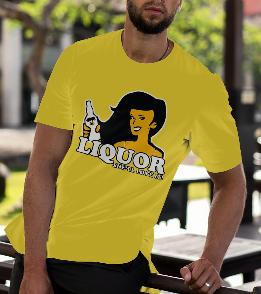 Liquor She'll Love It Retro Pin-Up Style Woman Holding Bottle T-Shirt