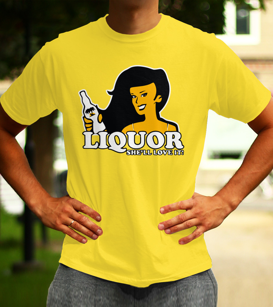 Liquor She'll Love It Retro Pin-Up Style Woman Holding Bottle T-Shirt