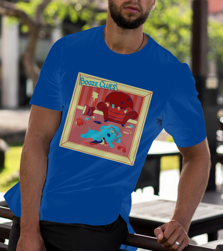 Booze Clues Blue Dog Party Mess With Cans And Couch T-Shirt