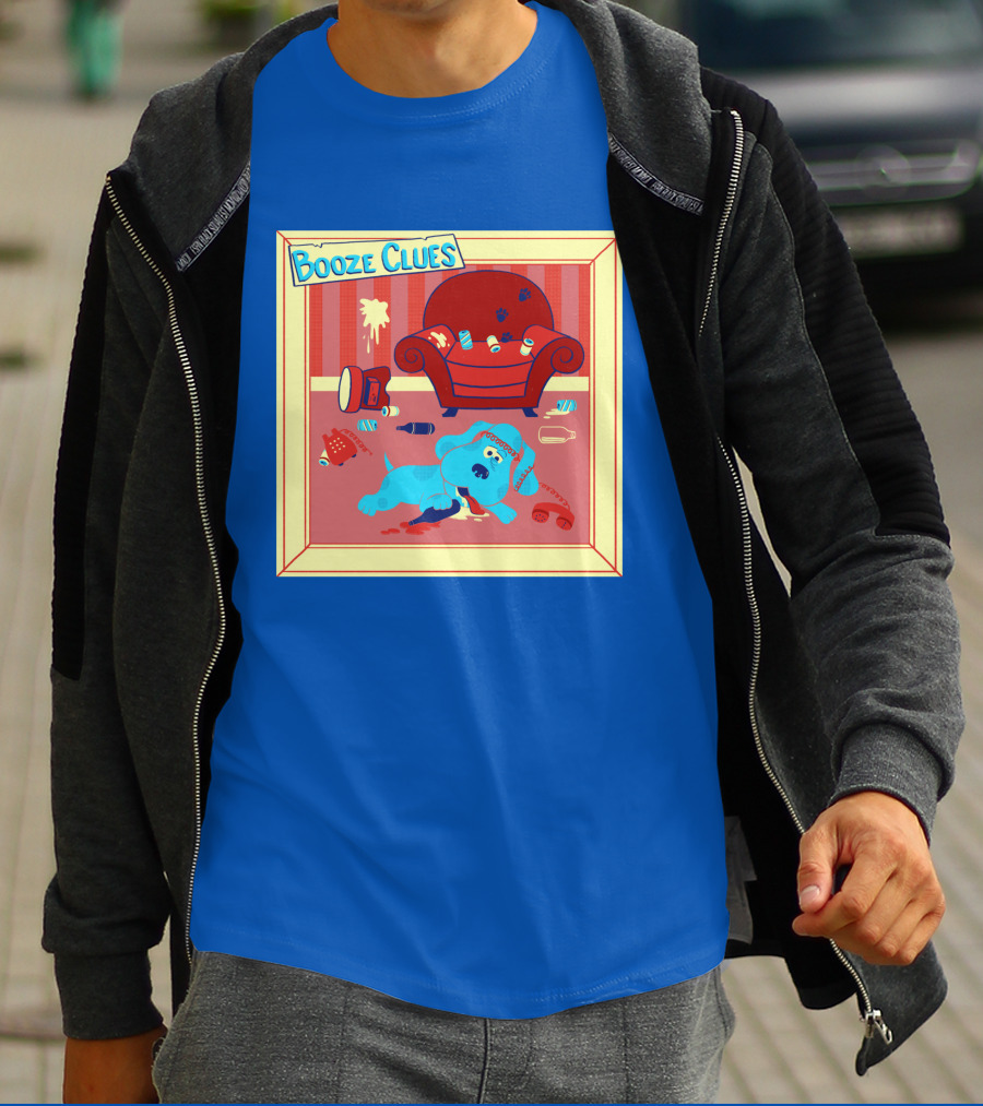 Booze Clues Blue Dog Party Mess With Cans And Couch T-Shirt