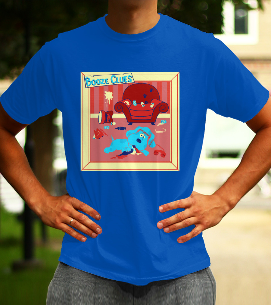 Booze Clues Blue Dog Party Mess With Cans And Couch T-Shirt