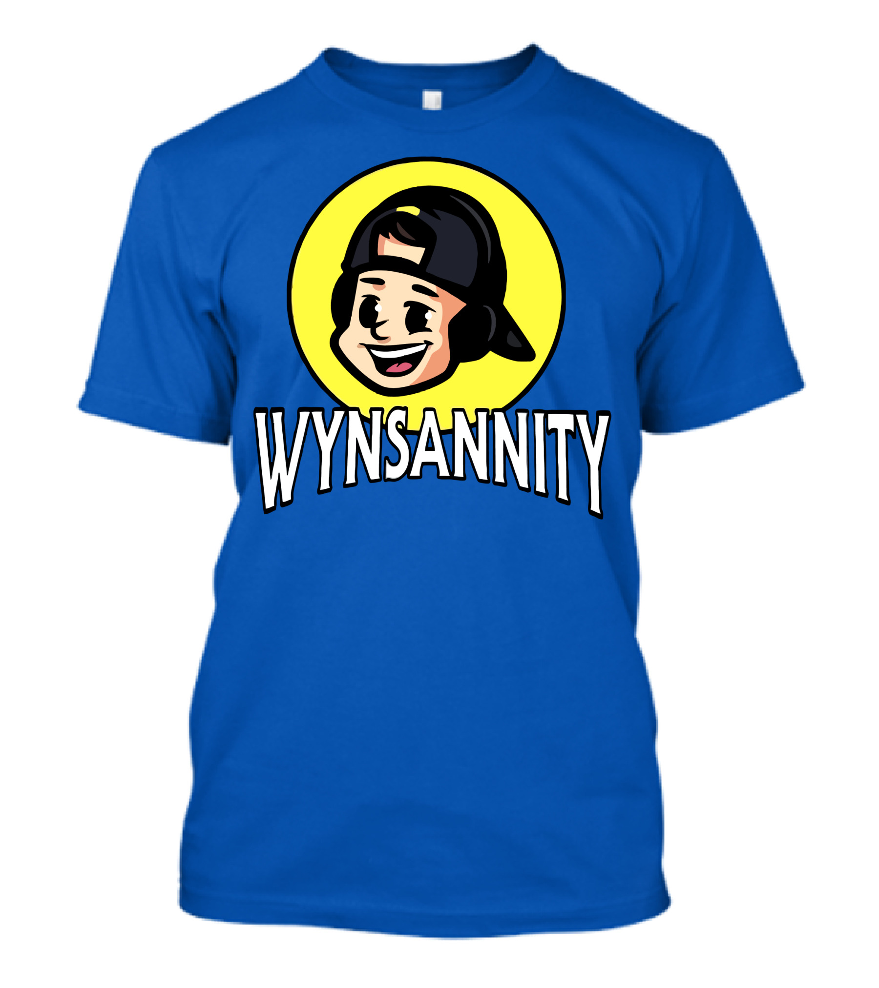 Wynnsanity Cartoon Character With Headphones And Backwards Cap Icon In Yellow Circle T-Shirt
