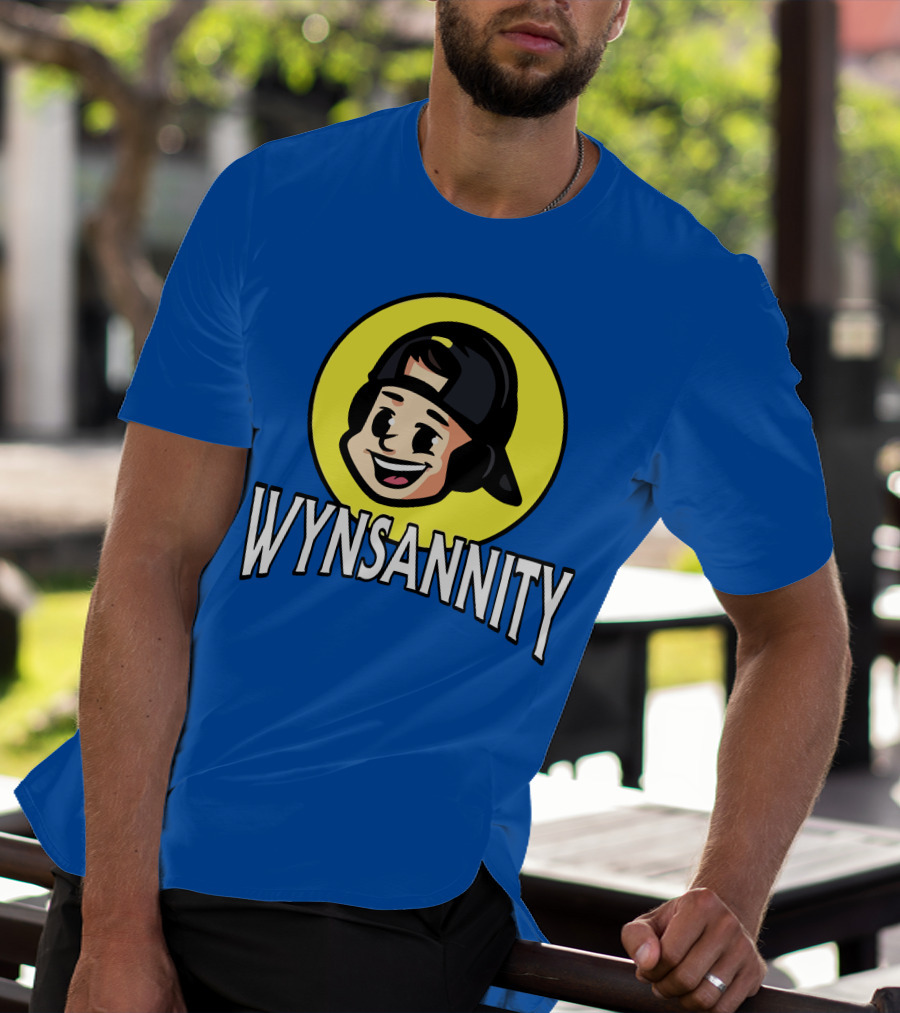 Wynnsanity Cartoon Character With Headphones And Backwards Cap Icon In Yellow Circle T-Shirt