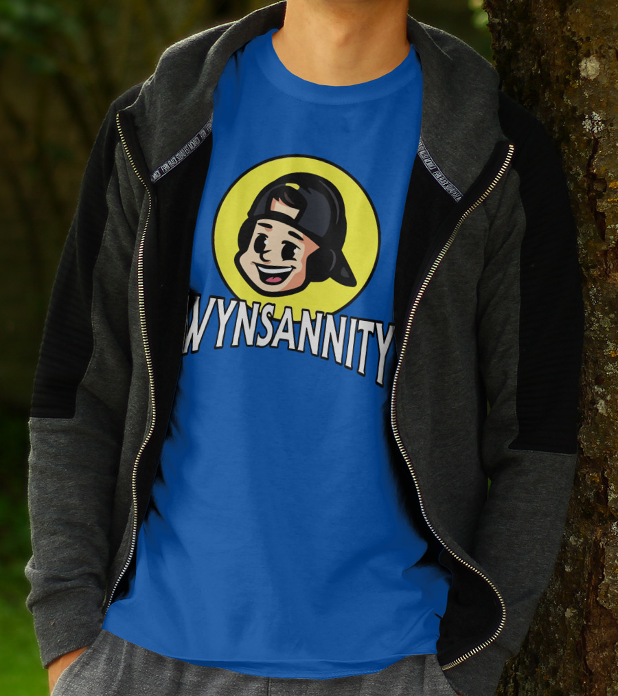 Wynnsanity Cartoon Character With Headphones And Backwards Cap Icon In Yellow Circle T-Shirt