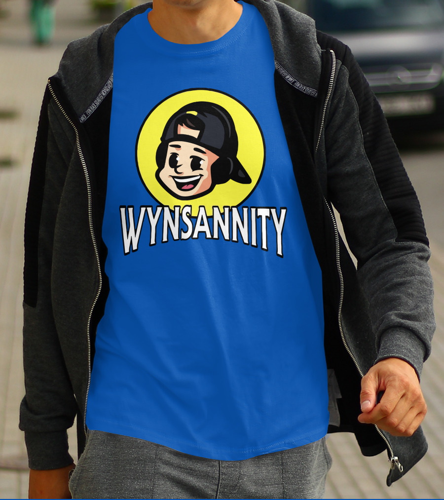 Wynnsanity Cartoon Character With Headphones And Backwards Cap Icon In Yellow Circle T-Shirt