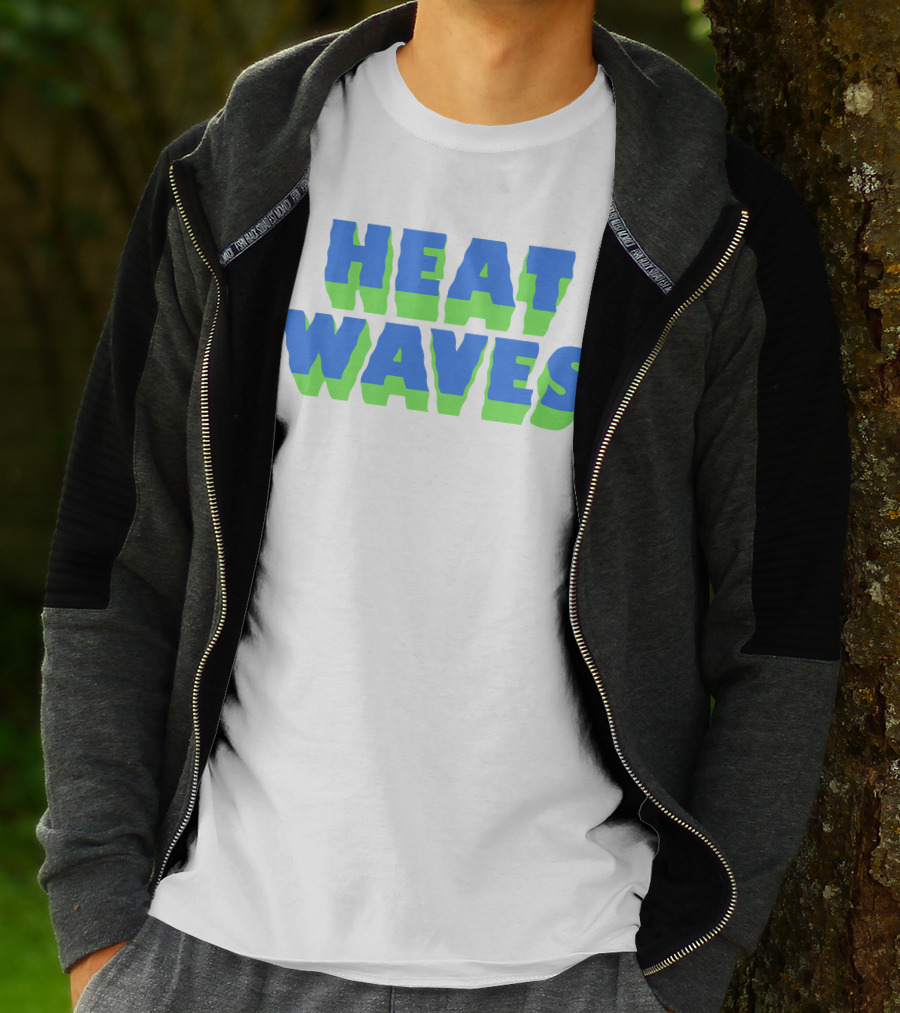 HEAT WAVES Bold 3D Text Design In Blue And Green T-Shirt