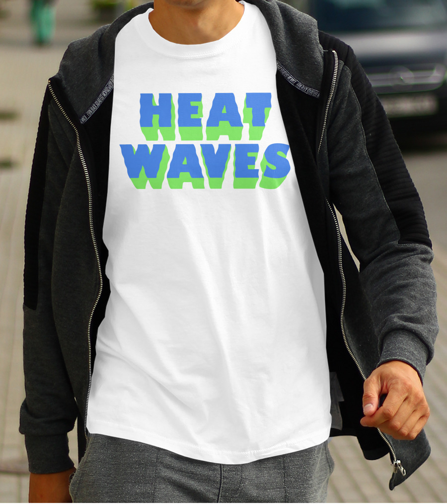 HEAT WAVES Bold 3D Text Design In Blue And Green T-Shirt