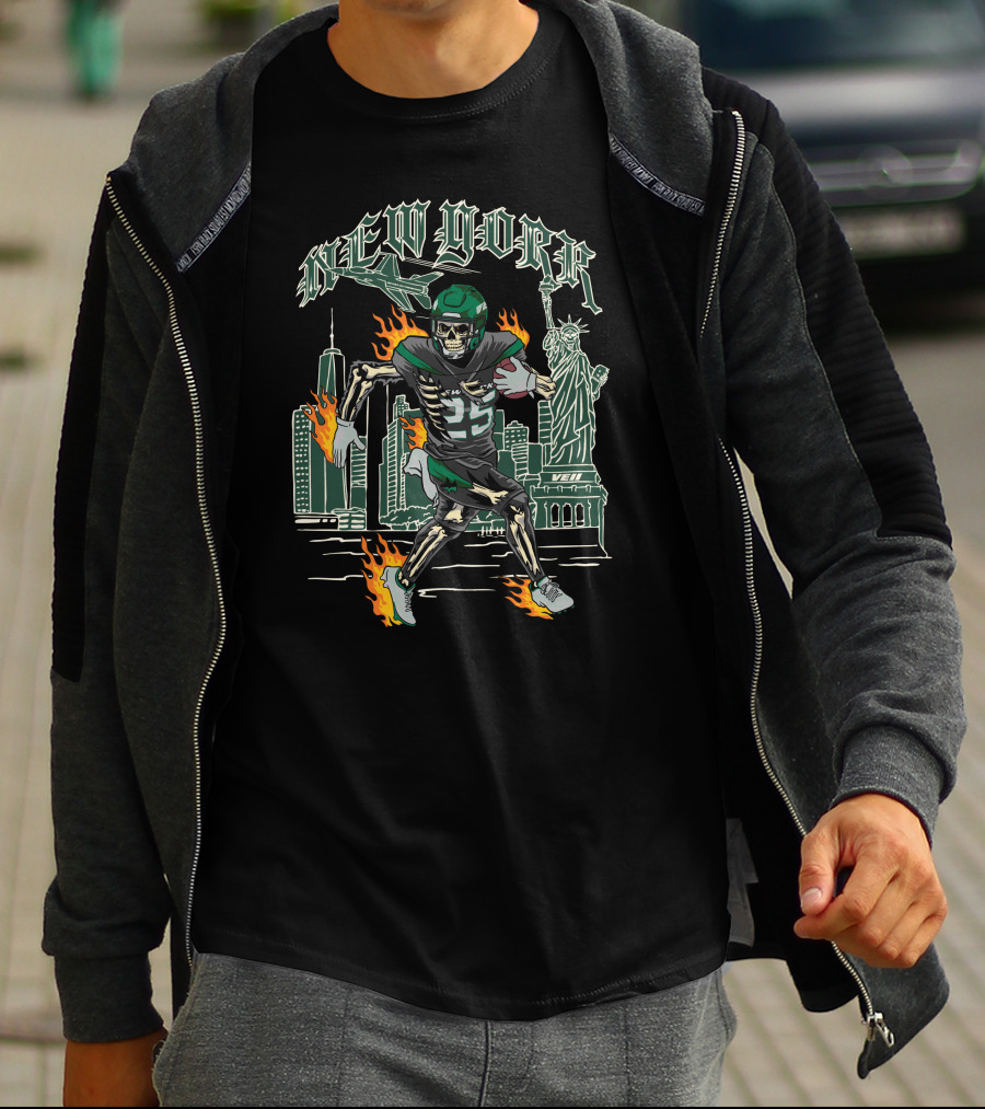 Ty Johnson New York Skeleton Football Flames Liberty Statue City Skyline T-Shirt