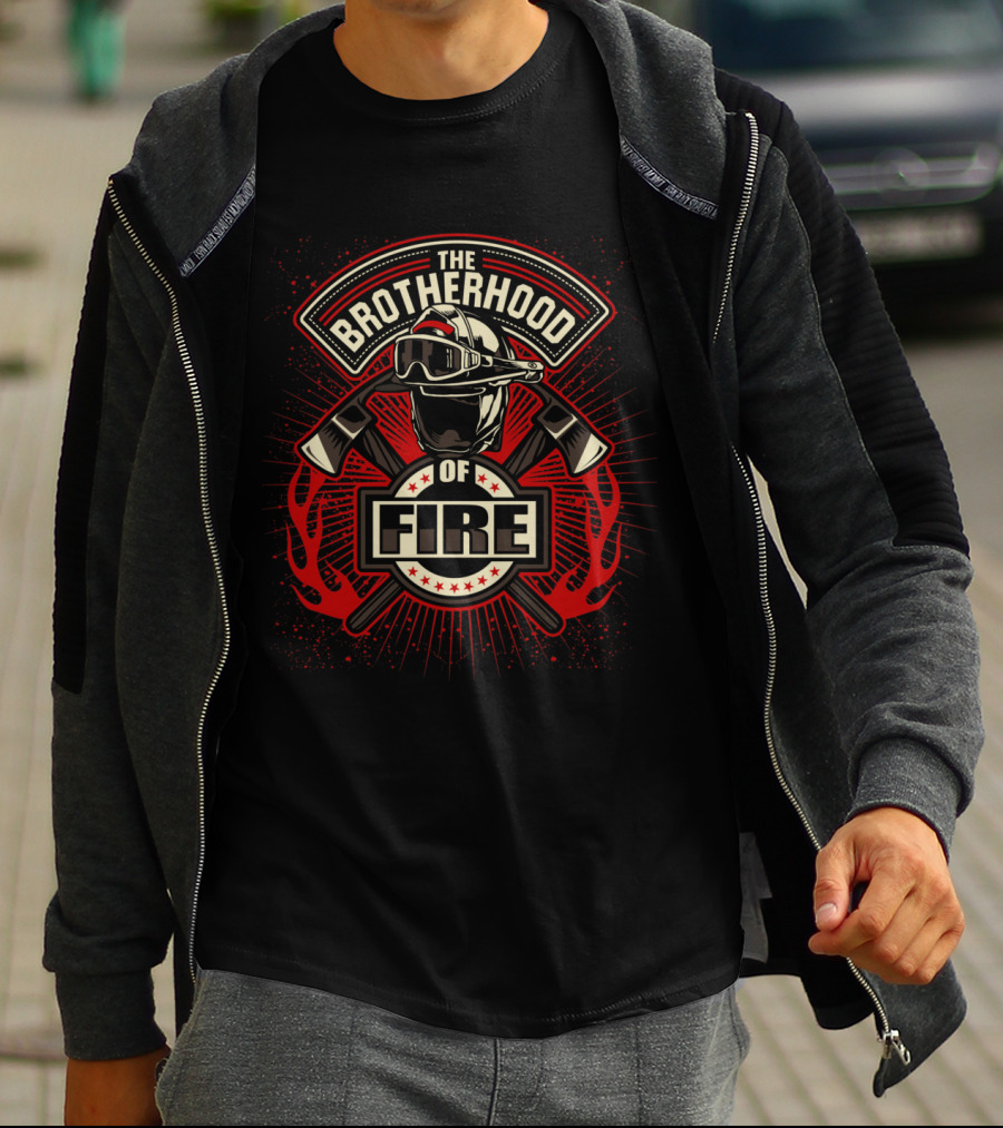 The Brotherhood Of Fire Helmet And Axes Flanking Firefighting Emblem T-Shirt