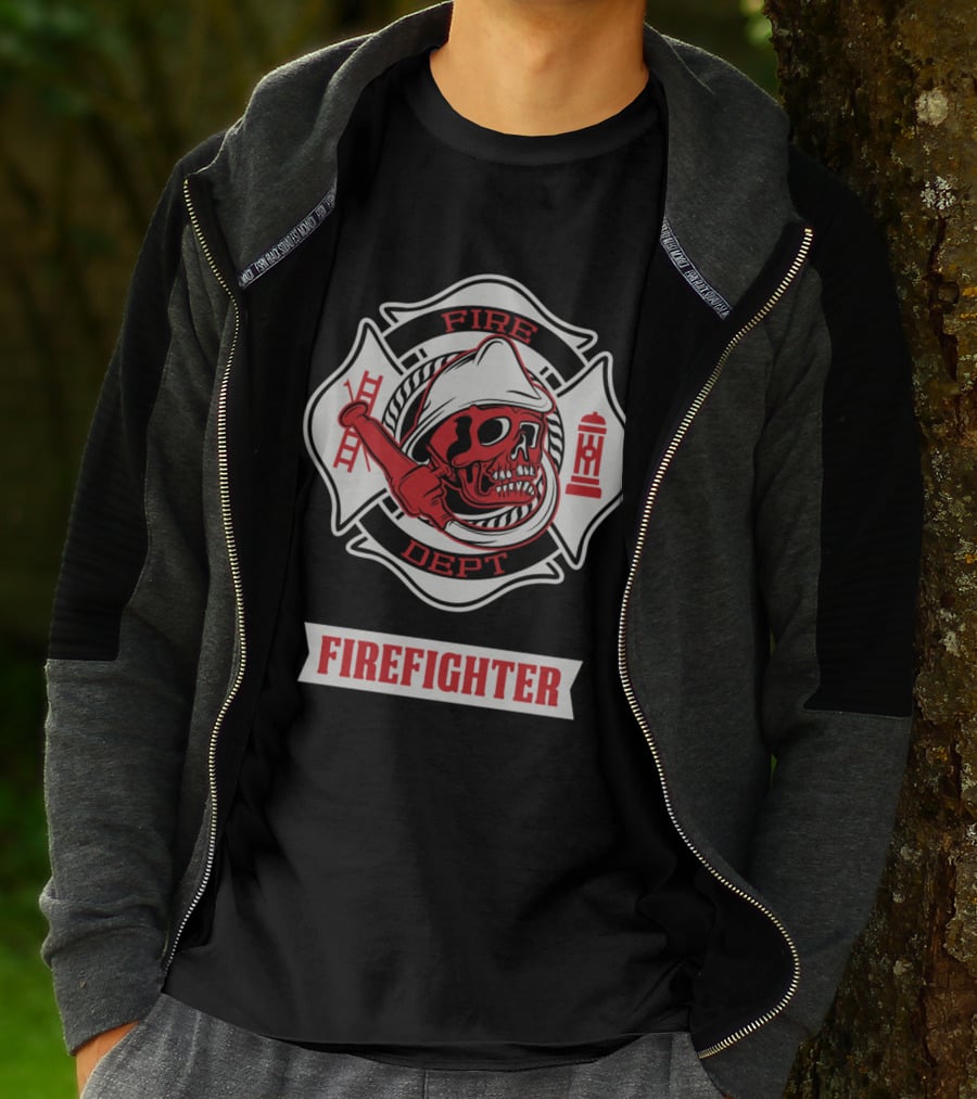 Firefighter Skull Fire Dept Maltese Cross T-Shirt