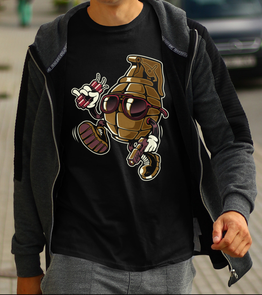 Grenade Sunglasses Walking Character With Dynamite And Gun T-Shirt