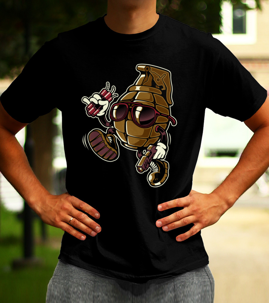 Grenade Sunglasses Walking Character With Dynamite And Gun T-Shirt