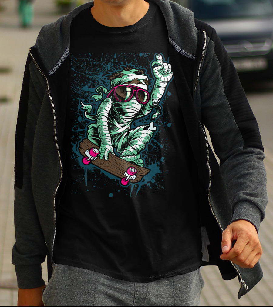 Return Mummy Skateboarding With Sunglasses Rock Hand Gesture T-Shirt