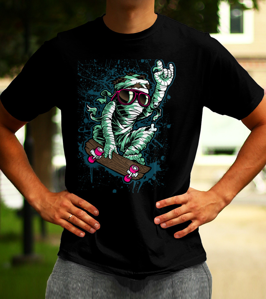 Return Mummy Skateboarding With Sunglasses Rock Hand Gesture T-Shirt