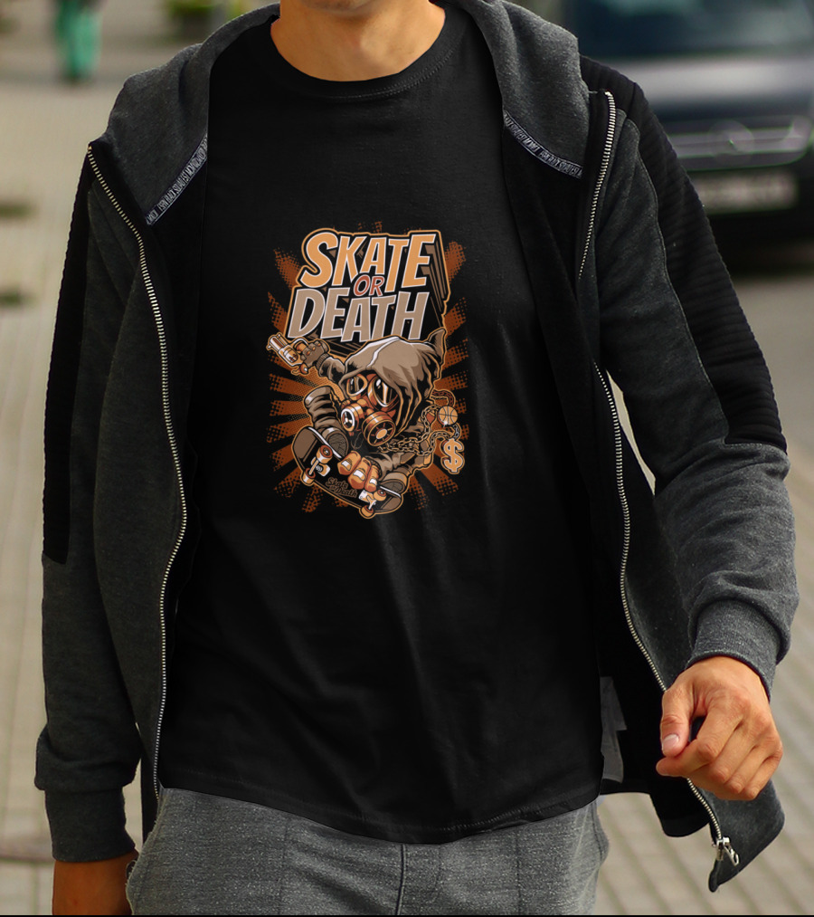 SKATE OR DEATH Graffiti-Style Gas Mask Skeleton Holding Cash And Gun On Skateboard T-Shirt
