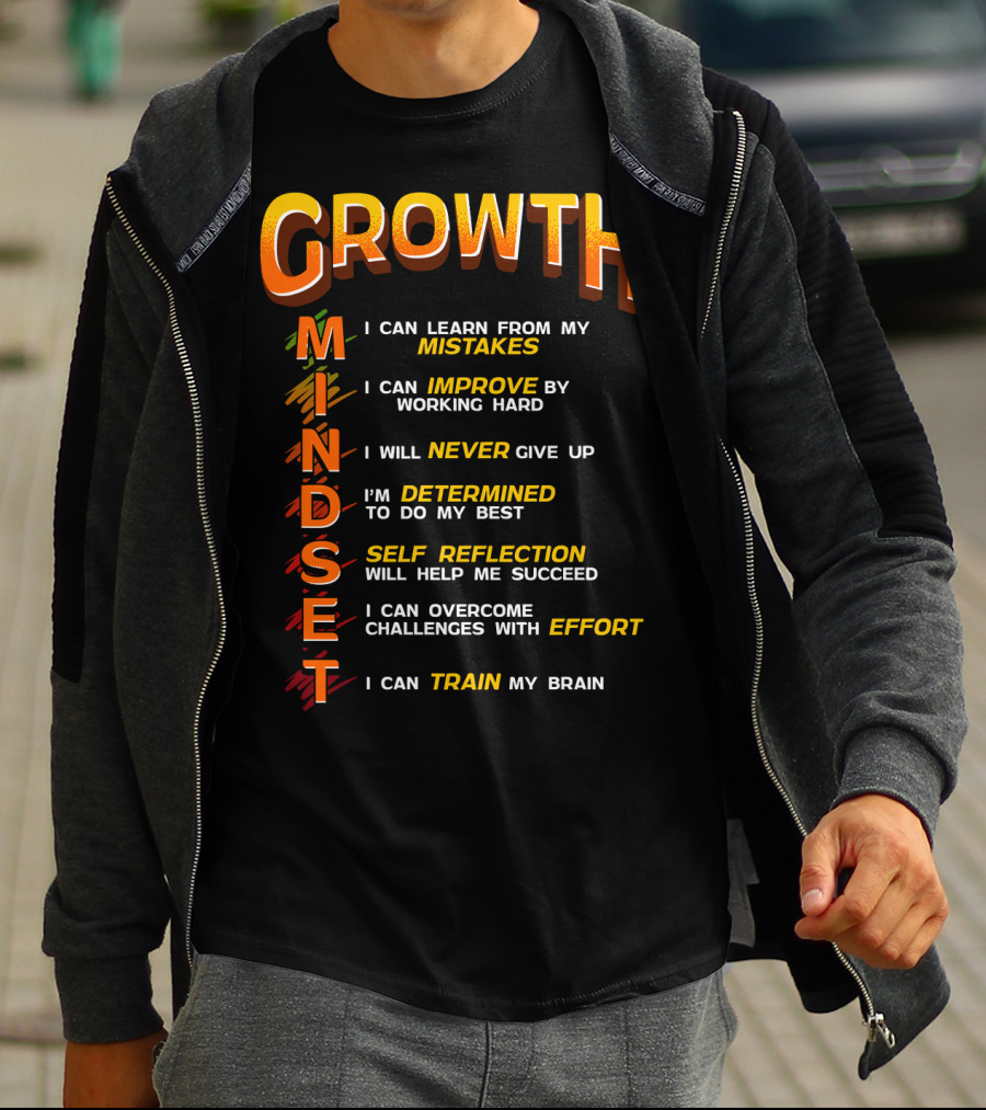 Growth Mindset Teacher Classroom Brain Motivation Mistakes Improve Never Determined Self Reflection Effort Train T-Shirt