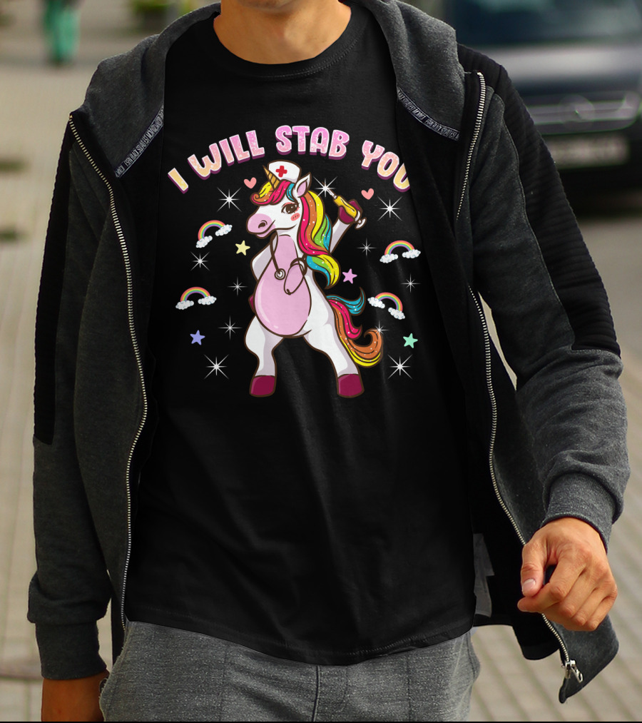 Nursicorn Nurse Unicorn I Will Stab You Rainbow Medical Student T-Shirt