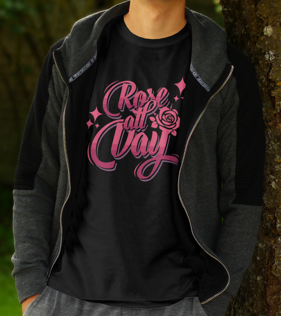 Rose All Day With Stylized Pink Rose And Stars T-Shirt