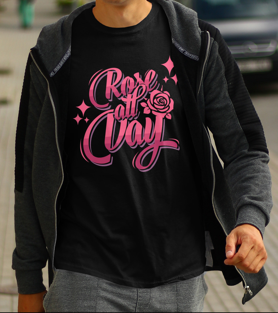 Rose All Day With Stylized Pink Rose And Stars T-Shirt