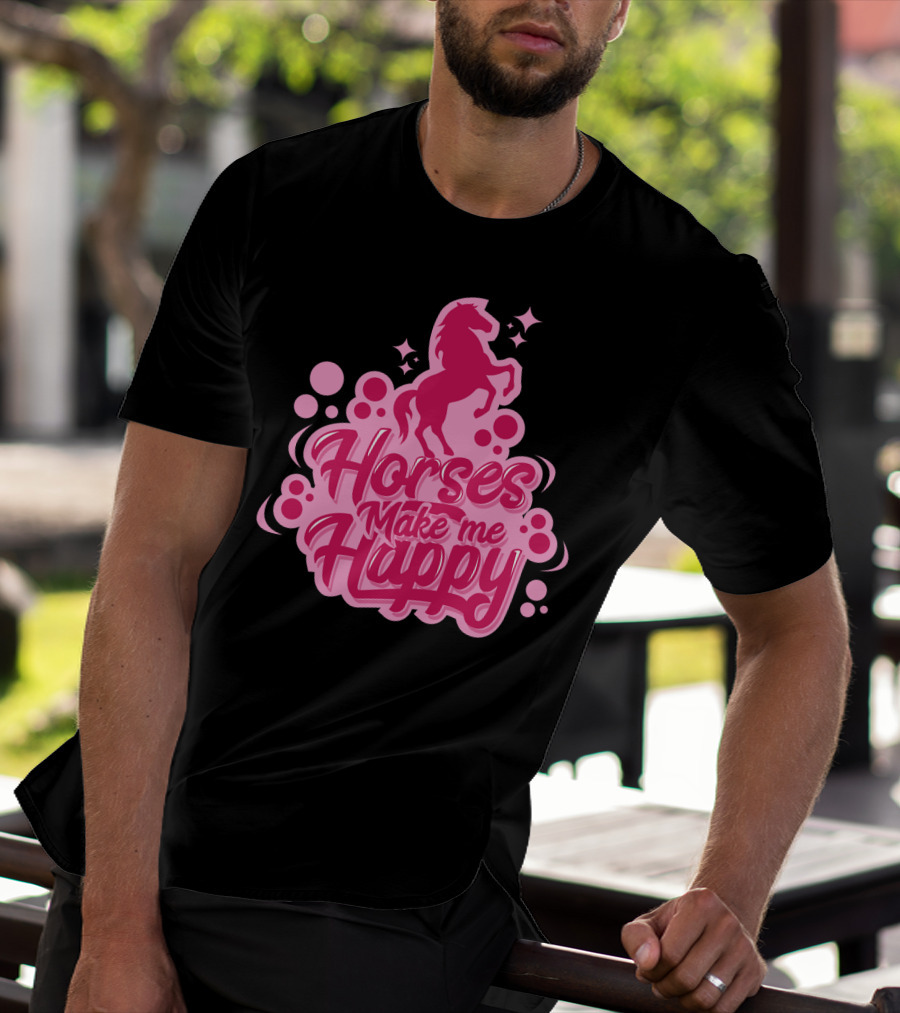 Horses Make Me Happy Pink Horse Silhouette With Stars And Circles T-Shirt