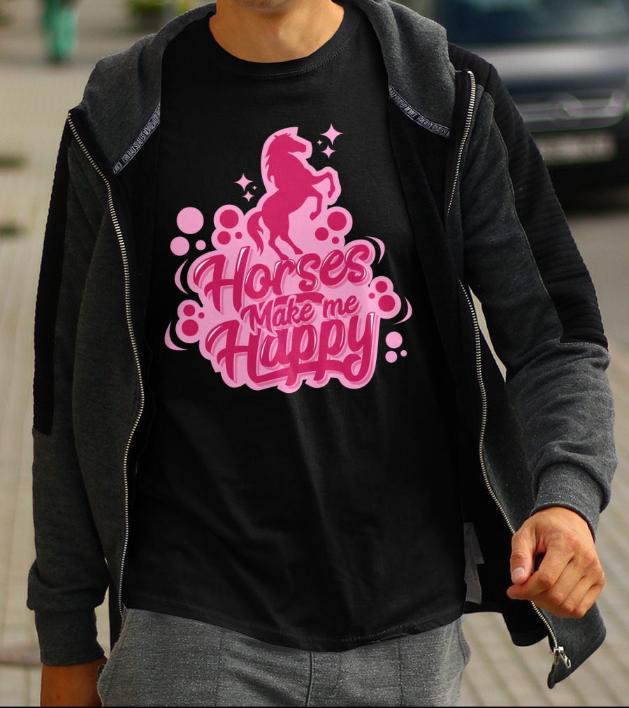 Horses Make Me Happy Pink Horse Silhouette With Stars And Circles T-Shirt