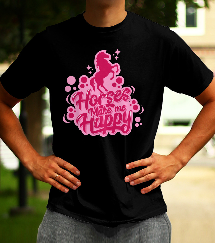 Horses Make Me Happy Pink Horse Silhouette With Stars And Circles T-Shirt