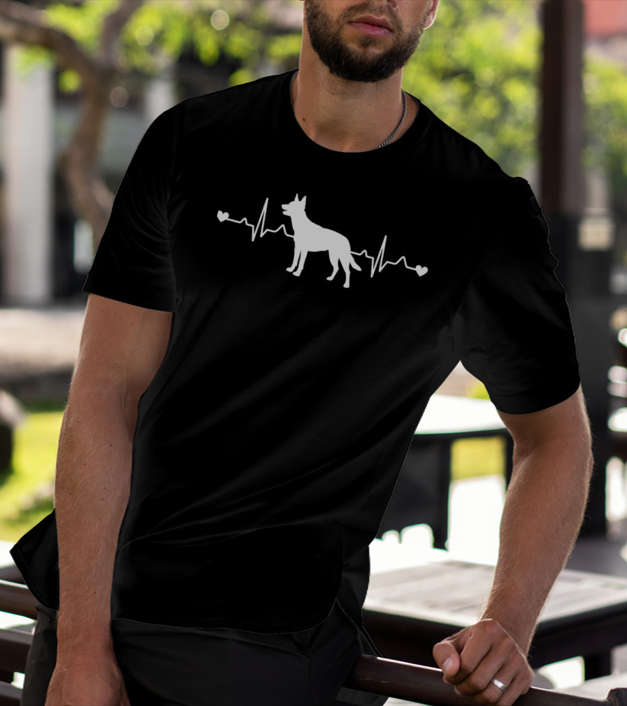 Australian Kelpie Silhouette With Heartbeat Pulse ECG And Love Hearts T-Shirt