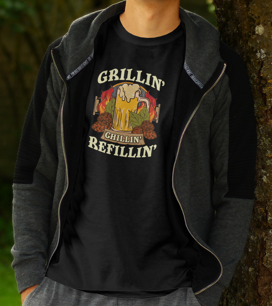 Grillin Chillin Refillin Beer Flames Hops Glass National Grilling Month T-Shirt
