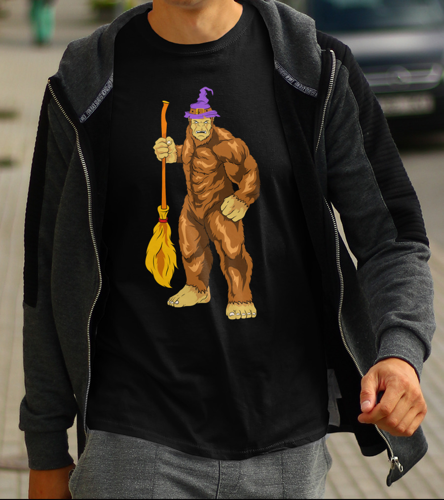 Bigfoot Witch Sasquatch With Broomstick Halloween Wizard Hat T-Shirt