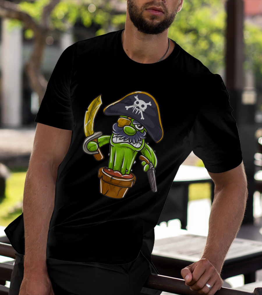 Cactus Pirate Jolly Roger Skull Spooky Pot Sword Eyepatch T-Shirt