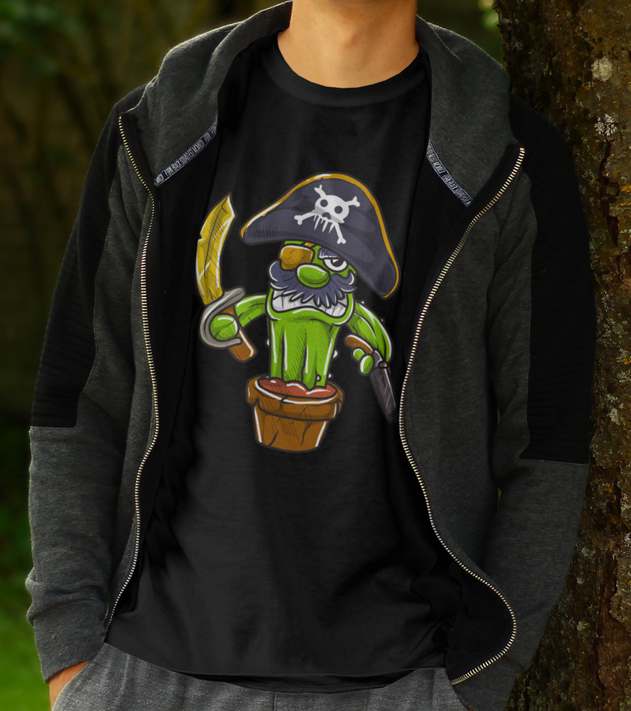 Cactus Pirate Jolly Roger Skull Spooky Pot Sword Eyepatch T-Shirt