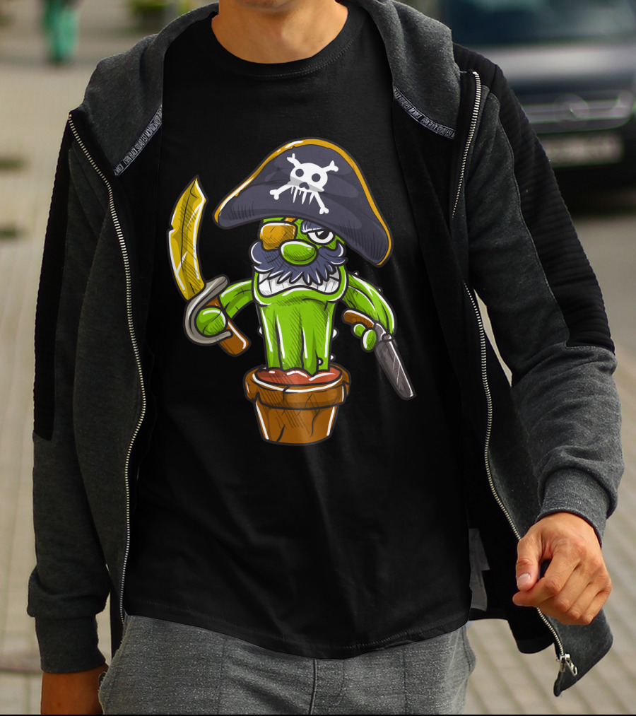 Cactus Pirate Jolly Roger Skull Spooky Pot Sword Eyepatch T-Shirt