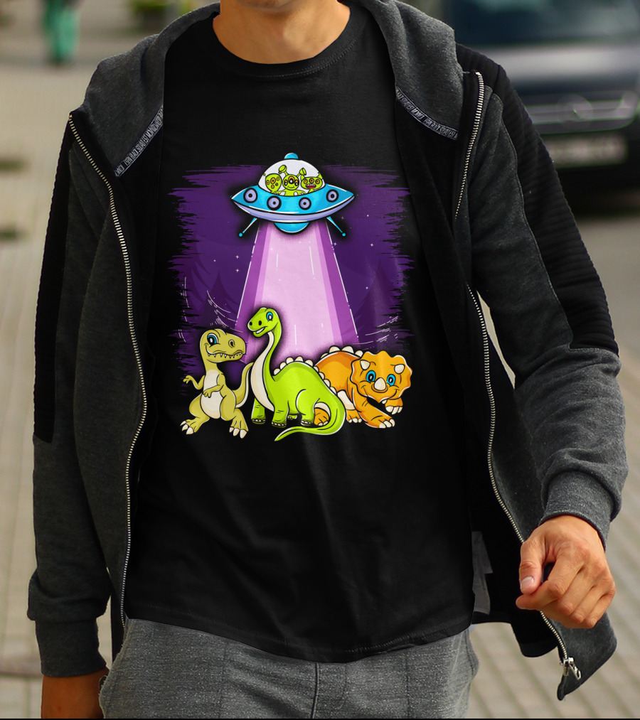 Dinosaur Alien Abduction Dinosaur Extinction Conspiracy UFO Cartoon T-Shirt