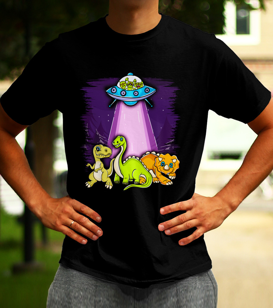 Dinosaur Alien Abduction Dinosaur Extinction Conspiracy UFO Cartoon T-Shirt