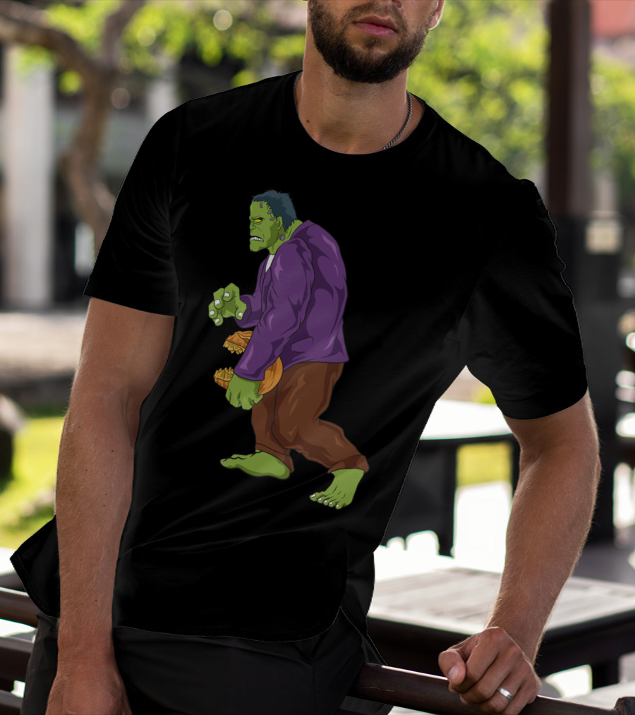 Frankenstein Bigfoot Carrying Pumpkin Funny Halloween Monster Zombie T-Shirt