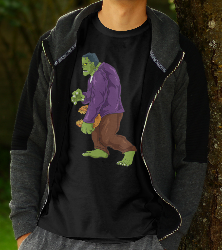 Frankenstein Bigfoot Carrying Pumpkin Funny Halloween Monster Zombie T-Shirt