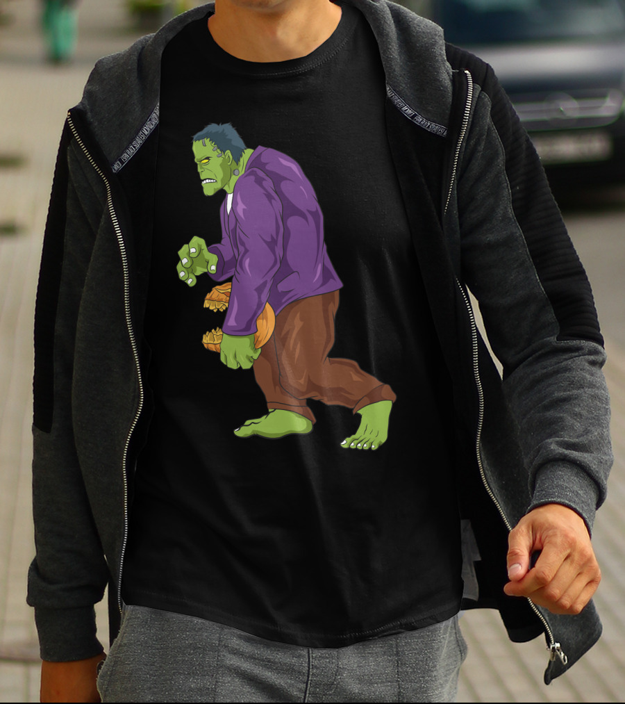 Frankenstein Bigfoot Carrying Pumpkin Funny Halloween Monster Zombie T-Shirt