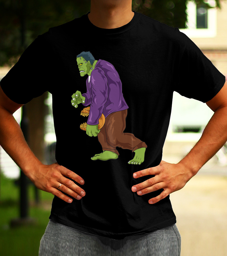 Frankenstein Bigfoot Carrying Pumpkin Funny Halloween Monster Zombie T-Shirt