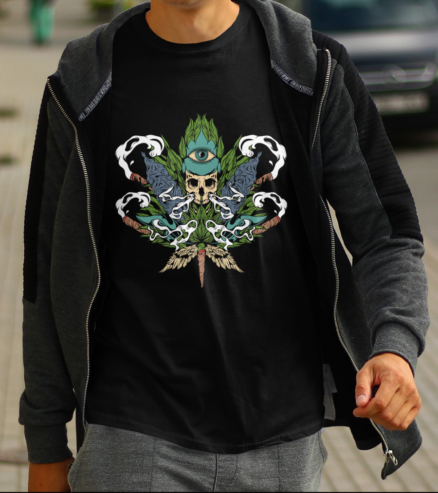 Illuminati Skull Cannabis Leaf 420 Weed Pot Eye T-Shirt