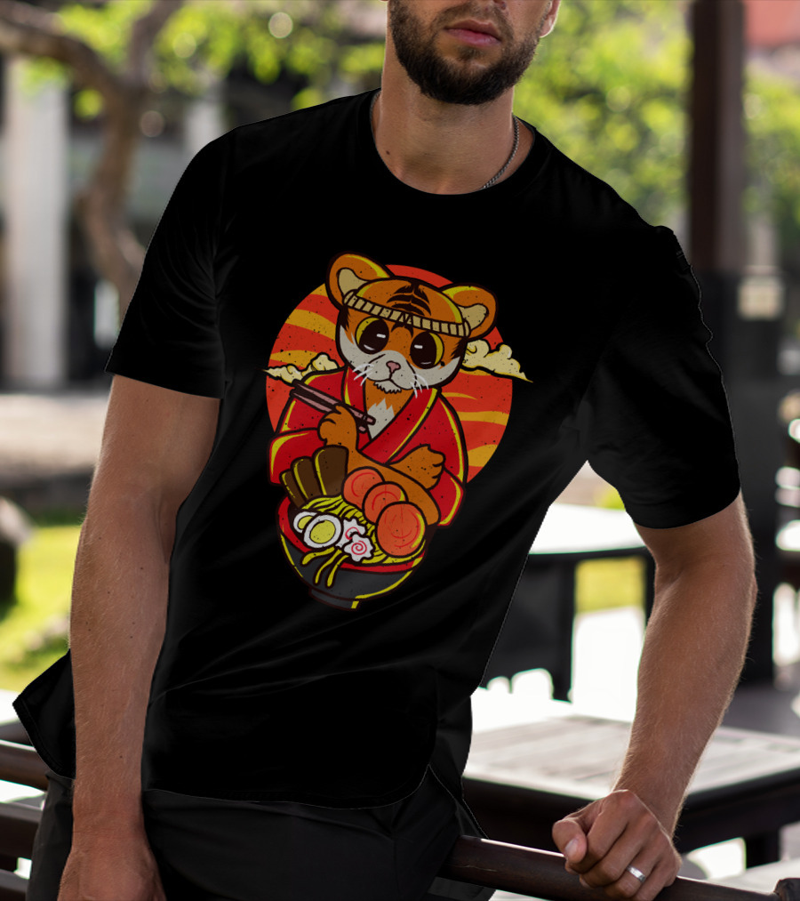 Kawaii Ramen Tiger In Kimono With Japanese Noodles And Sunset Background T-Shirt