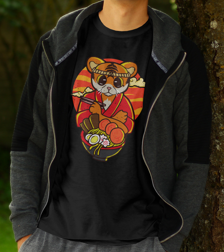 Kawaii Ramen Tiger In Kimono With Japanese Noodles And Sunset Background T-Shirt