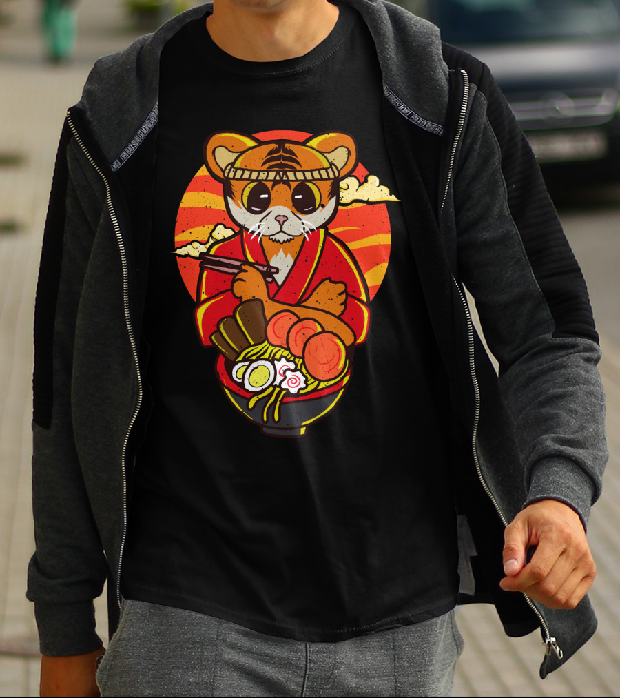 Kawaii Ramen Tiger In Kimono With Japanese Noodles And Sunset Background T-Shirt