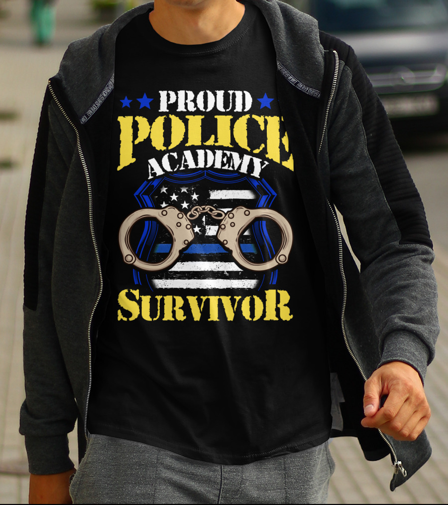 Proud Police Academy Survivor Stars Badge Handcuffs American Flag T-Shirt
