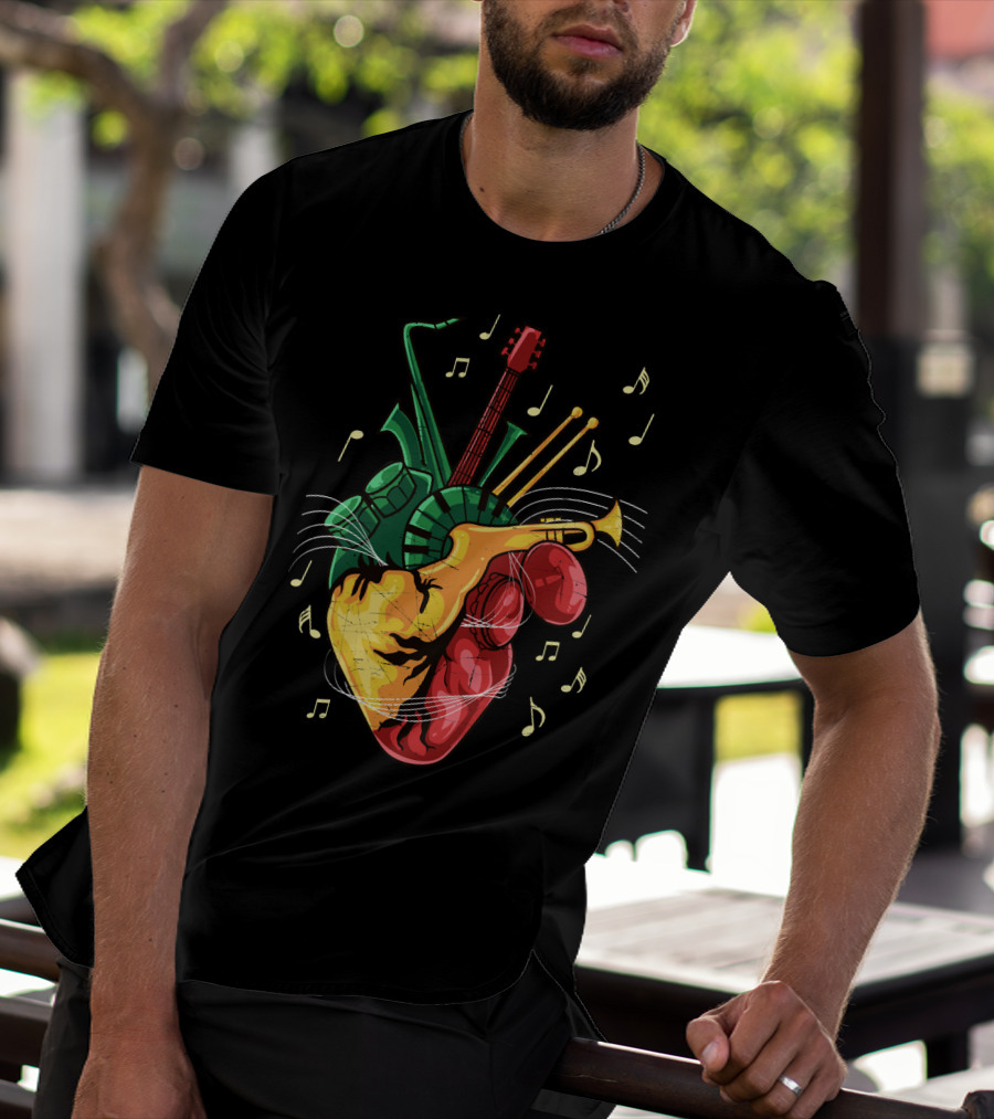 Reggae Lover Jamaican Heart Music Rastafari Instrument Fusion T-Shirt