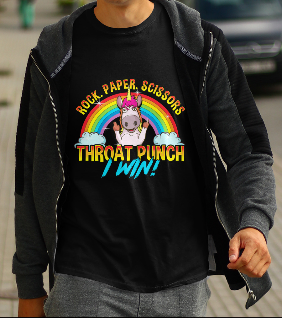 Rock Paper Scissors Throat Punch I Win Unicorn Rainbow T-Shirt
